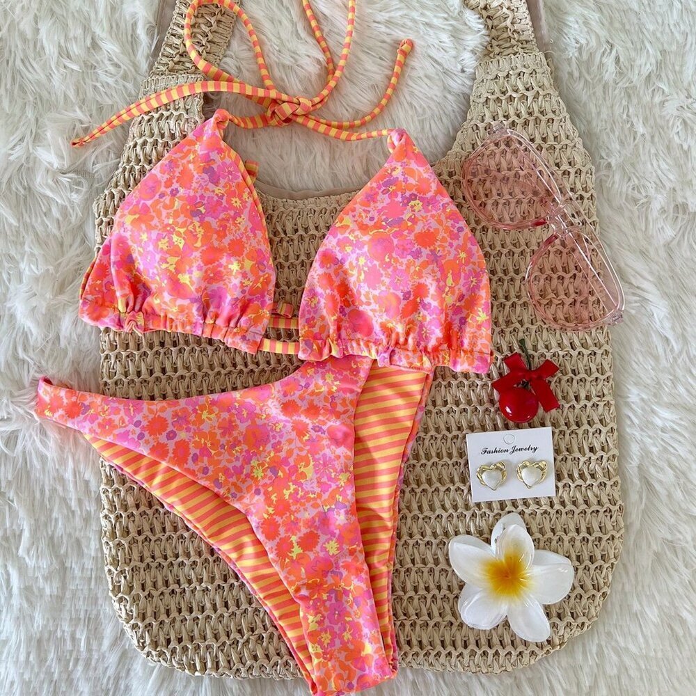 Multicolor Sexy Women's reversible striped Floral Bikini Suit